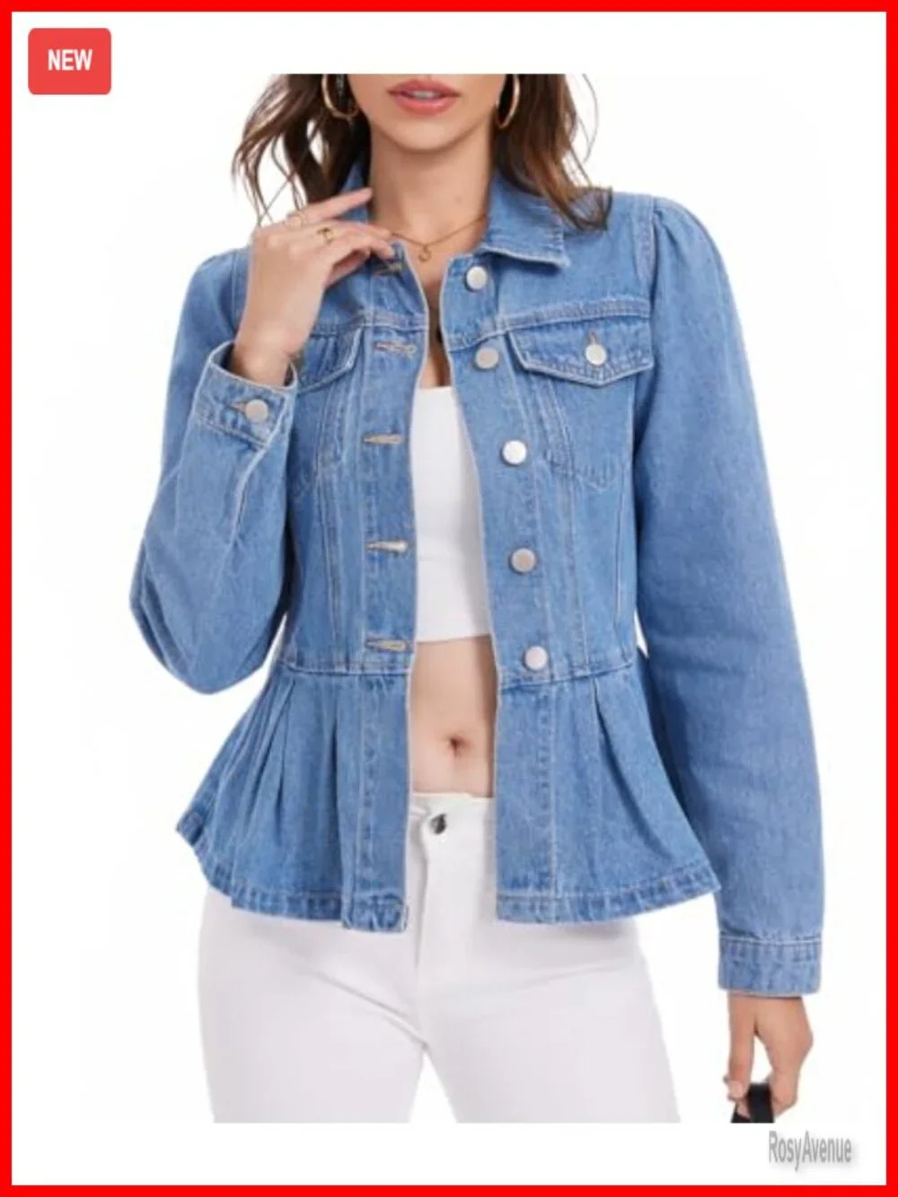 Women's Denim Jacket Peplum Ruffle Hem Puff Sleeve Button Down Casual Trendy